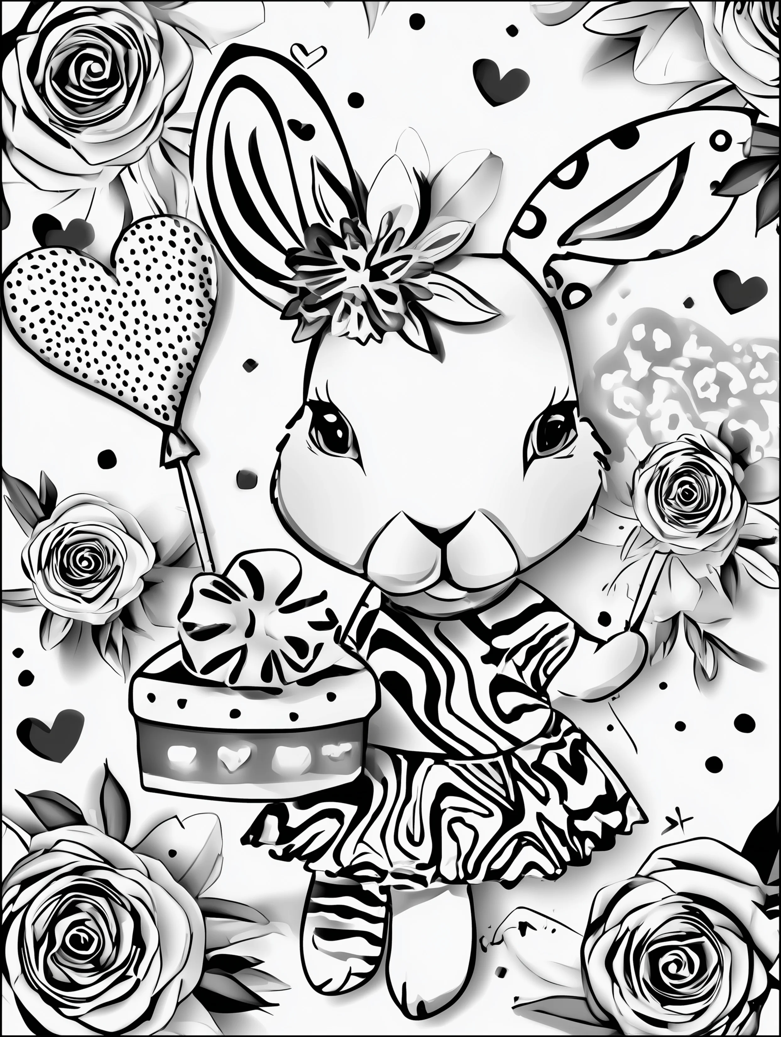 Free printable rabbit coloring page for adults featuring a bunny holding a cake and heart balloon
